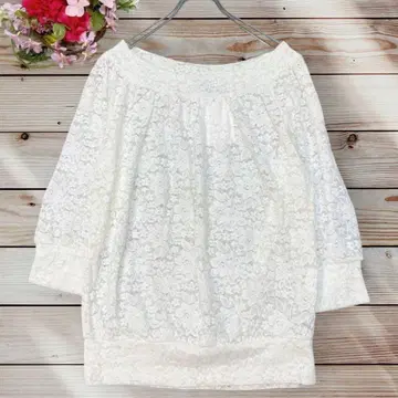 OZOC 전체 레이스 7부 소매 상의 화이트 38 새상품급 레이스 티셔츠