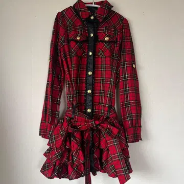 y2k TRALALA 금장 버튼 타탄 체크 프릴 원피스