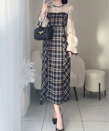 [ mily bilet ] 샤이니 시어 도킹 I 라인 체크 긴팔 원피스