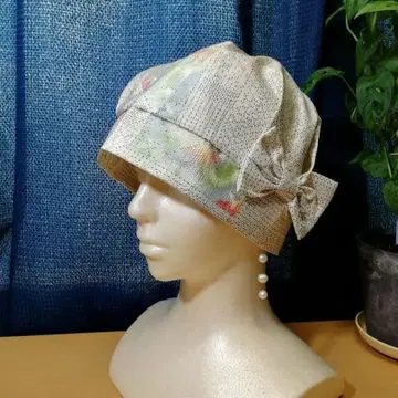 오시마 명주 비니 모자 리본 포함 베이지 핸드메이드