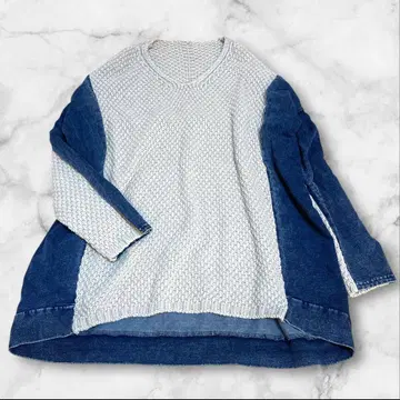 새상품급 Bou Jeloud 패턴 편직 이소재 절개 데님 니트 풀오버