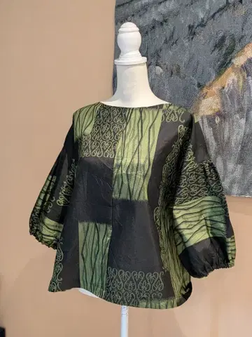 순수 실크 앤티크 오시마 명주 기모노 리메이크 퍼프 슬리브 블라우스 상의