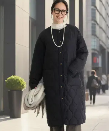 Right-on 퀼팅 롱 코트 블랙