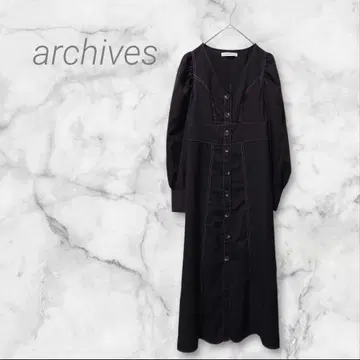 아카이브 롱 원피스 다크 브라운 계열 소매 퍼프 버튼