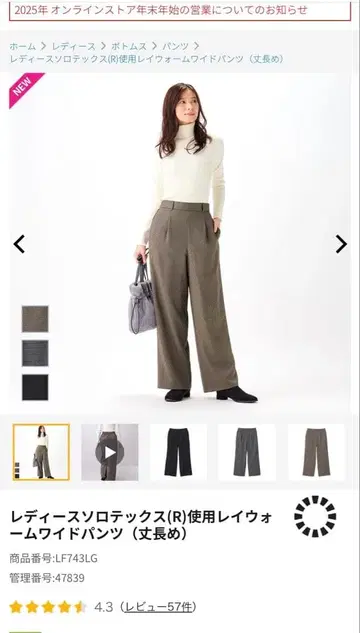 새상품! 여성용 솔로텍스(R) 사용 레이웜 와이드 팬츠 브라운 체크