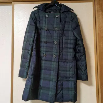 더블 브레스트 다운 자켓 후드 부착 그린 계열 체크