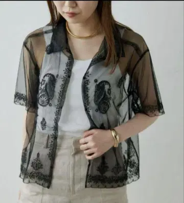 시스루 자수 반팔 셔츠 블랙