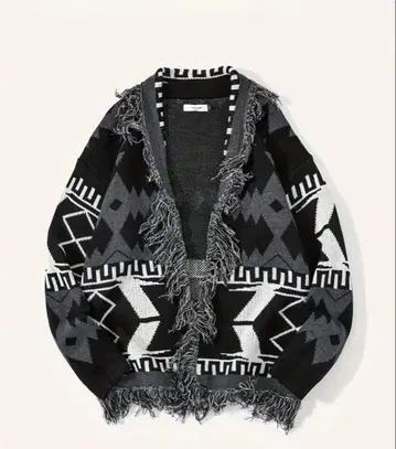 기하학 패턴 프린지 니트 가디건