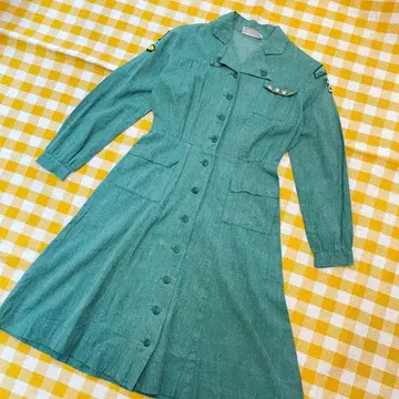 70년대 걸스카우트 원피스 그린 샴브레이 빈티지
