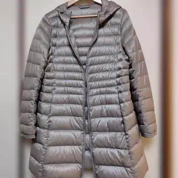 유니클로 다운 롱 코트 후드 여성용 XL 그레이지