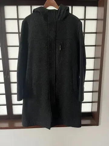 다크 그레이 후드 부착 더플 코트