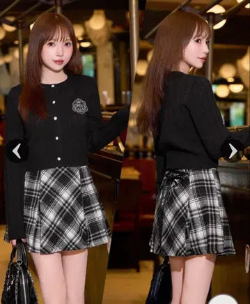 미셸 마카롱 레이스업 체크 플레어 스커트