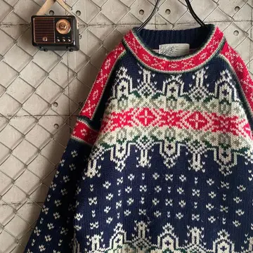 노르딕 무늬 크루넥 니트 두꺼운 스웨터 빅 실루엣 L~XL