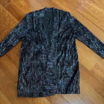 노카라 자켓 라메 믹스 블랙과 컬러풀한 무늬