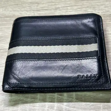 BALLY 블랙 가죽 접이식 지갑 스트라이프