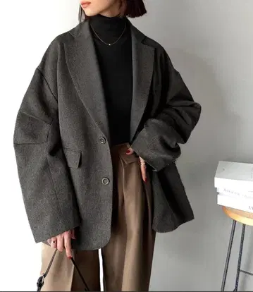 소매 턱 헤링본 오버 사이즈 자켓 차콜