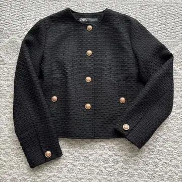 ZARA 노카라 트위드 자켓 블랙 골드 버튼