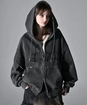 ADRER 헤비웨이트 로고 세미숏 빈티지 더블 지퍼 후드티