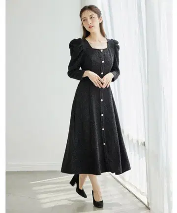 펄 장식 단추 파워 숄더 라메 트위드 원피스