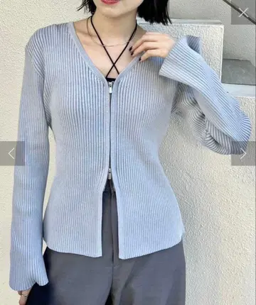 mystic [ 슬림 실루엣 ] WZIP 리브 가디건 블루