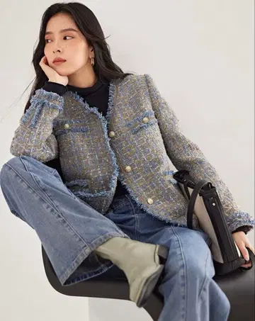 노카라 트위드 자켓 블루 계열 L