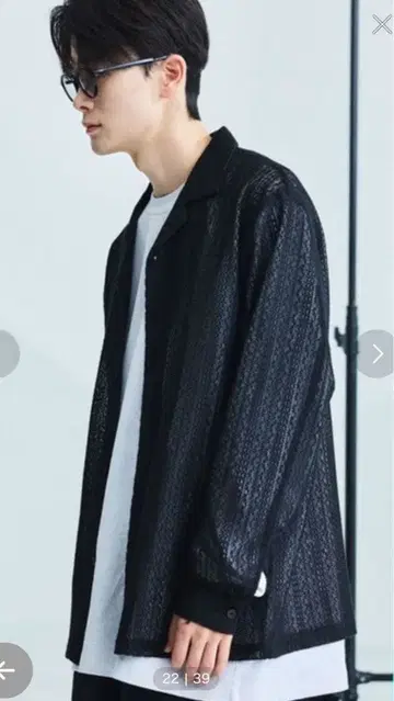 릴랙스 핏 오픈 카라 셔츠 블랙 메쉬 레이어드 M