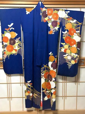 순수 실크 럭셔리 짙은 파란색 금실 후리소데