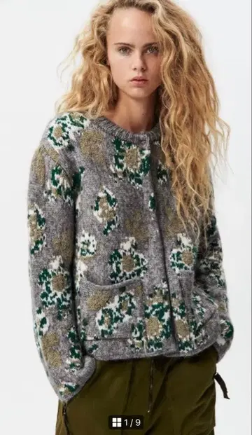 ZARA 플라워 자카드 니트 가디건 긴팔 그레이 M