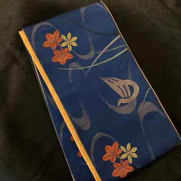 키류 네이비 나염 금박 리버서블 반폭 오비 새와 꽃, 파도 무늬