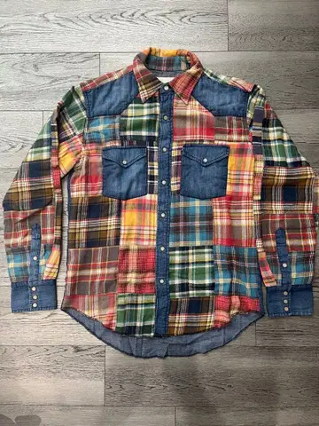멀티 컬러 체크 데님 셔츠 패치워크 셔츠