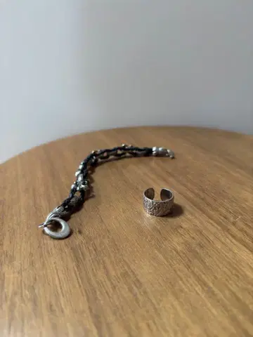 가죽 실버 컬러 뜨개질 팔찌 반지 2세트