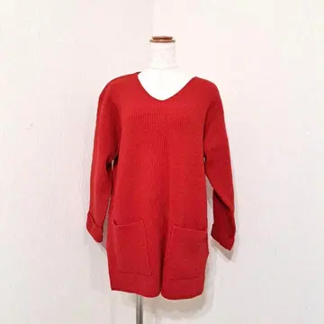 PORTVILA 긴팔 V넥 리브 니트 사이드 슬릿 롱 스웨터 레드