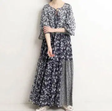 IENA 꽃무늬 보타이 리본 맥시 길이 롱 원피스 패치워크 플레어