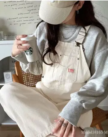 크림색 코튼 오버롤 M 사이즈