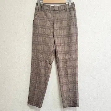 지유 슬랙스 체크 무늬 브라운 M 얇은 소재 하의 테이퍼드