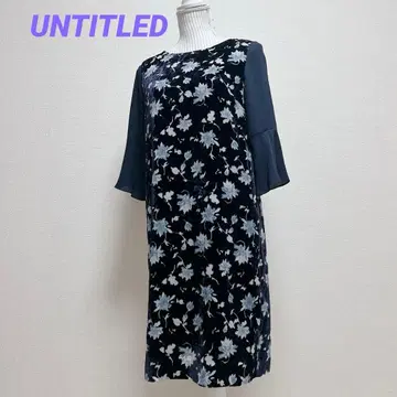 언타이틀 무릎 기장 원피스 7분 소매 이소재 벨로아 꽃무늬 네이비