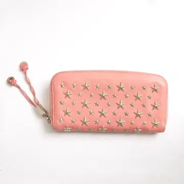 별 지미추 천연 가죽 스터드 지퍼 장지갑 스트로베리 핑크