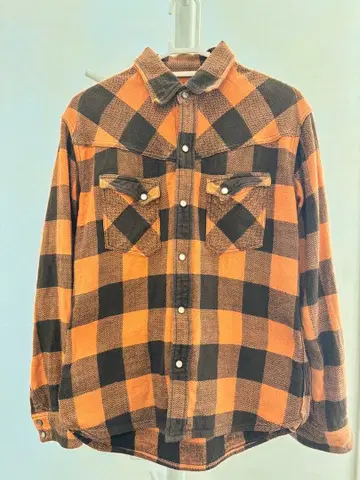 FLAT HEAD 플랫 헤드 오렌지 블랙 체크 플란넬 셔츠