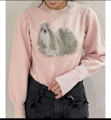 merry jenny 시츄 자수 장식 핑크 니트 스웨터