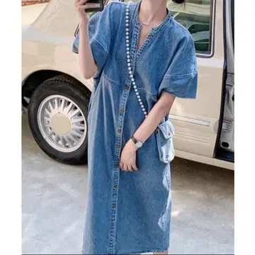 미사용 새상품 FAVORITO V넥 싱글 브레스 반팔 데님 원피스