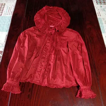 핑크하우스 빨간색 프릴 부착 후드 블라우스