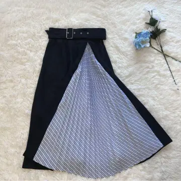 엘렌딕 스트라이프 플리츠 롱 스커트 배색 M 다크 네이비