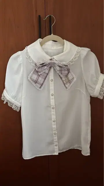 Secret Honey 프릴 리본 타이 부착 반팔 블라우스 핑크