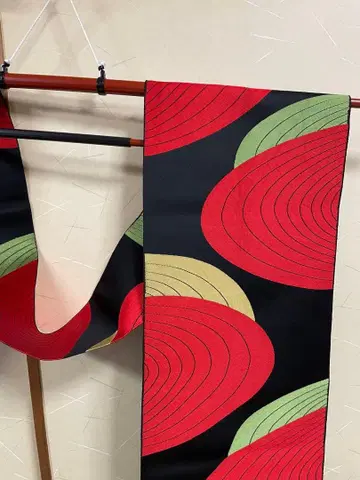 나고야 오비 원형 무늬 검정 빨강 초록