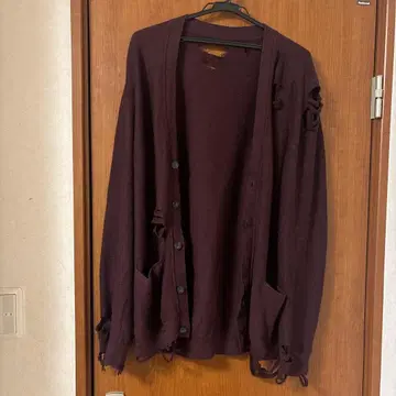 데미지 가공 가디건 리메이크 와인 레드