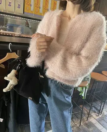 NUEbyas_ 샤기 가디건 핑크