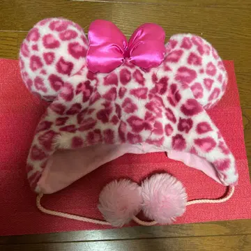 핑크 레오파드 무늬 귀도리 모자
