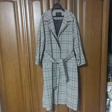 체크 무늬 롱 코트 허리 벨트 포함