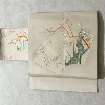 나고야 오비 수제 자수 니시진 비단 순수 실크 벚꽃 아이보리 mym104