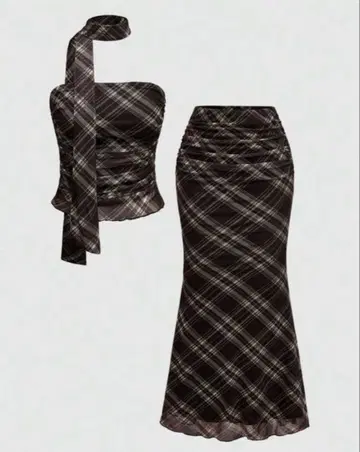 3종 셋업 뷔스티에 스커트 리본 체크